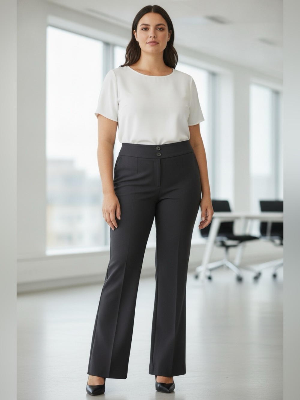 Women's Smoky Gray Boot-Cut Dress Pants Slacks with Double-Button Size L